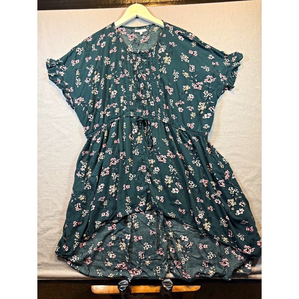 Maurices Green/Pink/White Floral Fit & Flare Midi Dress V-Neck Button XL
